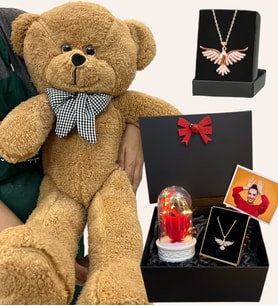 Zümdürü Anka Kuşu Kolyeli Fotoğraflı Premium Hediye Seti - Büyük Kahve Peluş Ayıcıklı (Model 5)