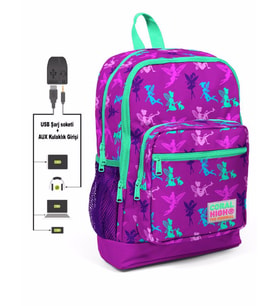 Coral High Kids Dört Gözlü Kız Çocuk İlkokul Çantası - Peri Baskılı - USB+AUX Soketli