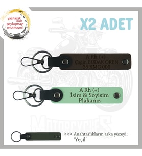 Modifiye Motorcuya Özel, İsim Plaka ve A Rh (+) Kan Grubu Yazılı x2 Anahtarlık, Yeşil-K Kahve-Ysl (Çok Renkli)