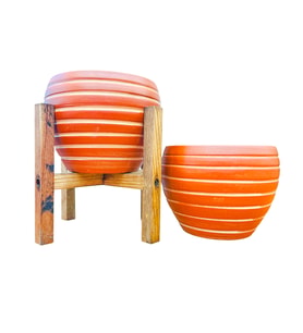 BİTKİ TASARIMI EV DEKORASYON YAN ÇİZGİ DESENLİ TERRAKOTA TOPRAK SAKSI SAKSILIK SALON ÇİÇEKLİK İKİLİ SET AYAKSIZ - 4 AYAKLI- 15 CM