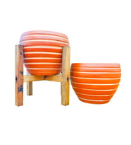 BİTKİ TASARIMI EV DEKORASYON YAN ÇİZGİ DESENLİ TERRAKOTA TOPRAK SAKSI SAKSILIK SALON ÇİÇEKLİK İKİLİ SET AYAKSIZ - 4 AYAKLI- 15 CM