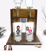 BK Gift Kişiye Özel Erkek ve Kadın Tasarımlı İkili Rakı Bardağı ve Çift Musluklu Doğal Ahşap Rakı Standı-6 (Model 1)