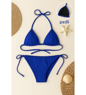 Kadın Mavi Yandan ve Boyundan Bağlamalı Bikini Mayo Takımı