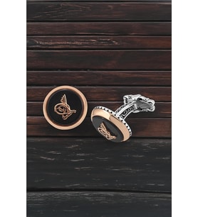 Gümüş Siyah Onix Taşlı Osmanlı Tuğralı Kol Düğmesi