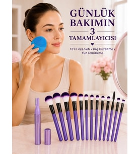 12 li Makyaj Fırça Seti Kaş Düzeltme Cihazı Ve Yüz Temizleme Cihazı 3 lü Kadın Güzellik Ve Bakım Seti