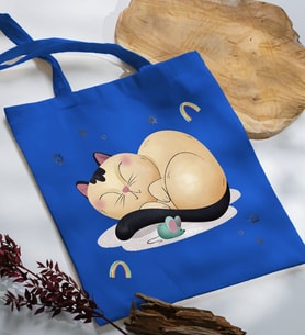 BK Gift Kedi Tasarımlı Mavi Kumaş Bez Çanta, Baskılı Omuz Çantası, Alışveriş Çantası, Arkadaşa Hediye-7