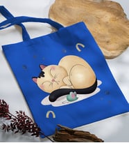 BK Gift Kedi Tasarımlı Mavi Kumaş Bez Çanta, Baskılı Omuz Çantası, Alışveriş Çantası, Arkadaşa Hediye-7