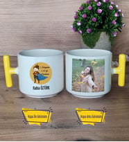 Kadın Öğretmene Hediye Kupa Bardak Fotoğraflı T Sarı Kulplu Öğretmenler Günü Hediyesi