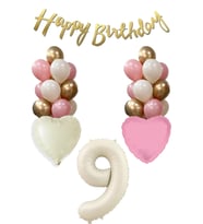 9 Yaş Kız Doğum Günü Konsepti Retro Krem Rakam Happy Birthday Bannerlı Balon Zinciri Seti