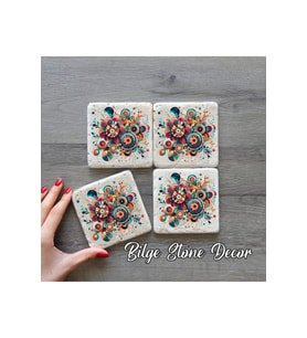 bilge tasarım Stone Decor Taş Bardak Altlığı 4'lü Set 10x10x1 Cm desenli