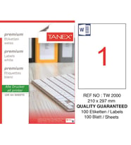 Tanex Lazer Etiket tw-2000 100 A4 Sayfa Laser Etiket Ebat 210 X 297 mm mm Boyutunda 1 A4 Sayfada 1 Etiket