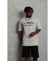 Erkek Baskılı Tişört Kısa Kol Bisiklet Yaka Oversize T-Shirt - Gri