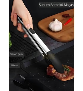 Sunum Maşası Barbekü Maşası Mangal Maşa Silikon Salata Maşası Siyah 40 cm