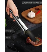 Sunum Maşası Barbekü Maşası Mangal Maşa Silikon Salata Maşası Siyah 40 cm