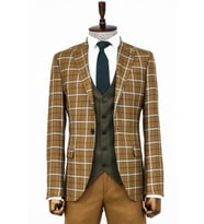 Kahverengi Yelekli Slim Fit Ekose Taba Erkek Takım Elbise - Wessi