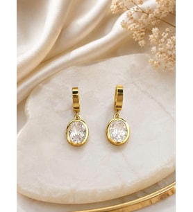 CM Jewelry Oval Zirkon Taşlı Sallantılı Gold Çelik Küpe