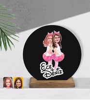 BK Gift Kişiye Özel Kız Kardeşler Karikatürlü Yuvarlak Ahşap Biblo-3