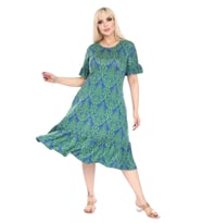 Melsay Butik Fırfırlı Kısa Kollu Yeşil Dantel Desenli Kadın Midi Elbise