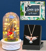 Gerçek Ametist Taşlı Renki Anka Kuşu Kolye ve Led Işıklı Biblolu Fanus (Model 4)