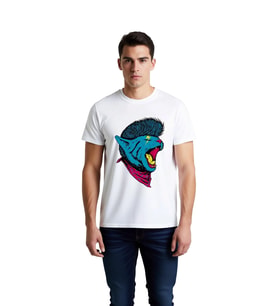 Erkek Grafik Baskılı Kısa Kollu Yuvarlak Yaka Tişört Punk Estetik Möhavk Kedisi Bandana Detaylı