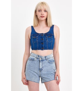Explode - Kadın Önü Düğmeli Cep Detaylı Askılı Denim Crop Lacivert