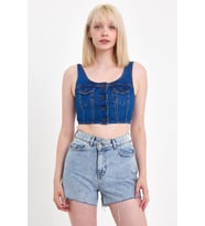Explode - Kadın Önü Düğmeli Cep Detaylı Askılı Denim Crop Lacivert