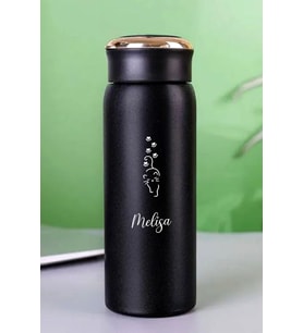 Kişiye Özel Dijital Göstergeli 500 ML Akıllı Kedi Baskılı Termos - Sıcak Soğuk İçecek Şişesi (Siyah)