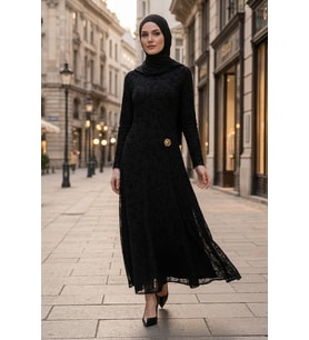 Toka Detay Astarlı Elbise 1701 - Siyah