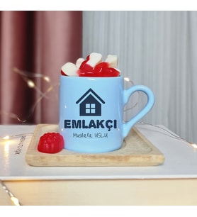 Emlakçı Tasarımlı Kişiye Özel Mavi Türk Kahvesi Fincan