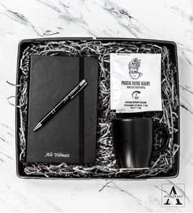 Kişiye Özel İsimli Defter - Metal Kalem - Siyah Kupa - Turkish Black Tea veya Pratik Filtre Kahve - Özel Tasarım Hediye Kutusu (Model 2)