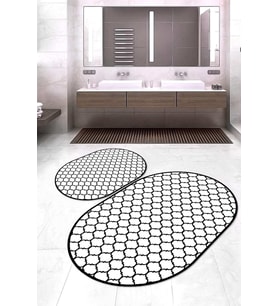 Dijital Baskılı Kaymaz Taban Yıkanabilir Oval 2'li Klozet Takımı Banyo Paspası NOKZ-HT-545 (Beyaz)