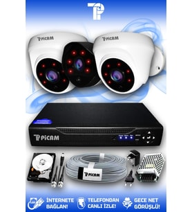 PICAM 3 Kameralı Uzay 2 İç Kamera Set 100 GB HDD Full HD Gece Görüşlü Güvenlik Kamerası Sistemi