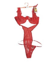 Fantezi Kırmızı Dantel Tül Tanga Kırmızı Bodysuit