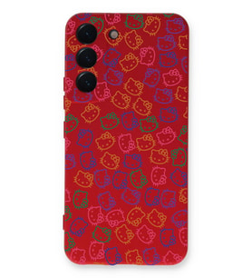 Samsung Galaxy S22 Uyumlu Lansman Kılıf Hello Kitty Tasarımlı İçi Kadife Kapak-Kırmızı (Şeffaf)
