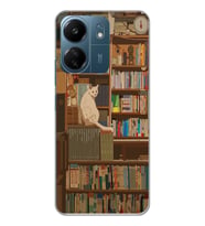Xiaomi Redmi 13C Uyumlu Kedi ve Kütüphane Tasarımlı Şeffaf Telefon Kılıfı