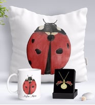 BK Gift Kişiye Özel Uğur Böceği Temalı Yastık Kupa ve Açılan Uğur Böceği Kolye Hediye Seti-3 (Model 1)