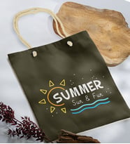BK Gift Yaz Temalı Haki Halat Saplı Kumaş Plaj Çantası -9, Baskılı Omuz Çantası, Alışveriş Çantası, Arkadaşa Hediye, Sevgiliye Hediye