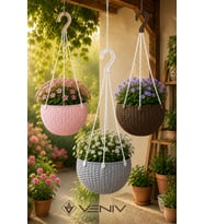 3’lü Alt Tabaklı Rattan Desenli Askılı Saksı 2 Litre Dekoratif ve Şık Tasarım