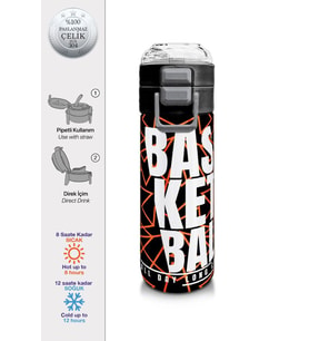 Coral High 500 ml Paslanmaz Çelik Okul Termosu/Suluk/Matara - Erkek Çocuk - Siyah Basketbol Baskılı - Sızdırma Yapmaz