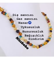 SERTİFİKALI ORİJİNAL KEHRİBAR BEBEK DİŞ KOLYESİ 32-33 cm 0-4 YAŞ (Turkuaz Taşlı)