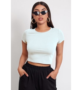 Kadın Beyaz Yuvarlak Yaka Yarım Kol Crop Top Bluz