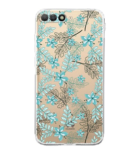 Huawei Y6 2018  Kamera korumalı Kapak Floral Su Yeşili Tasarımlı  Şeffaf Kılıf