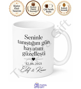 Tanışma Tarihi Yazılı Sevgiliye Hediye Baskılı Kupa Bardak Sevgili Hediyesi