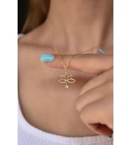 925 Ayar Gümüş Altın Kaplama Tektaş Lotus Çiçeği Kolye