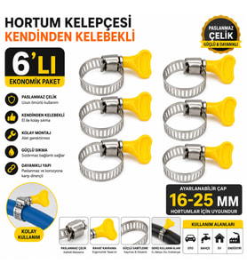 Hortum Kelepçesi 6'lı (Plastik Kelebek Bağlantılı) Paslanmaz Çelik Metal Hortum Kelepçesi 16-25 mm A