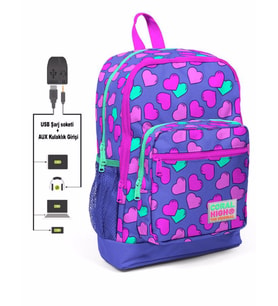 Coral High Kids Dört Gözlü Kız Çocuk İlkokul Çantası - Kalpler Baskılı - USB+AUX Soketli