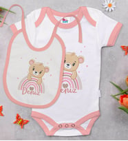 BK Kids Kişiye Özel İsimli Pembe Bebek Body Zıbın ve Mama Önlüğü Hediye Seti-6