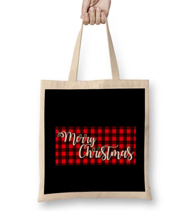 Yılbaşı Yeni Yıl Konseptli Merry Christmas Banner on Buffalo Plaid Bez Çanta Uzun Saplı