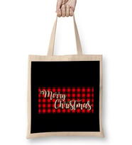 Yılbaşı Yeni Yıl Konseptli Merry Christmas Banner on Buffalo Plaid Bez Çanta Uzun Saplı