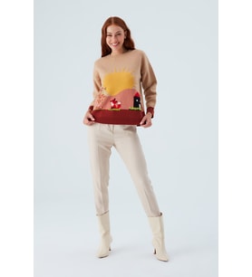 Peraluna SUNNY PULLOVER El İşlemeli Desenli Kadın Triko Kazak - Bej/Kahve